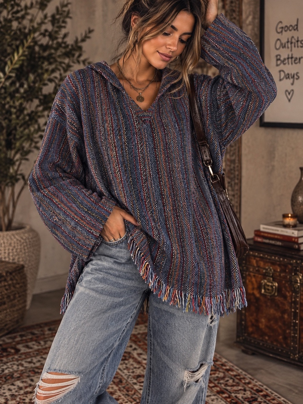 tle:
Earthbound XL Woven Hooded Pullover Fringe Hem Baja Boho Multicolor Hoodie